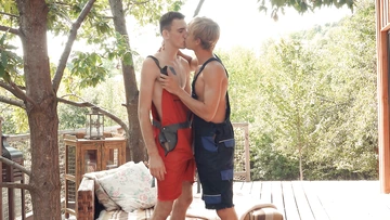 Two guys fucking on a porch