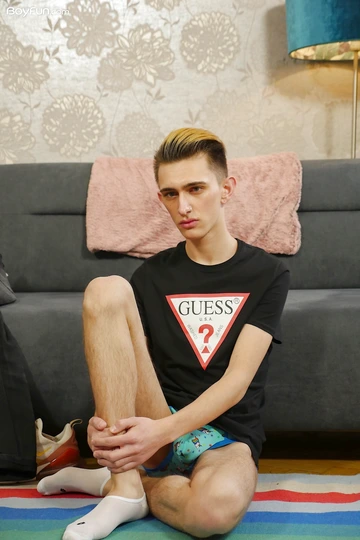 Skinny boy with a huge shaved dick