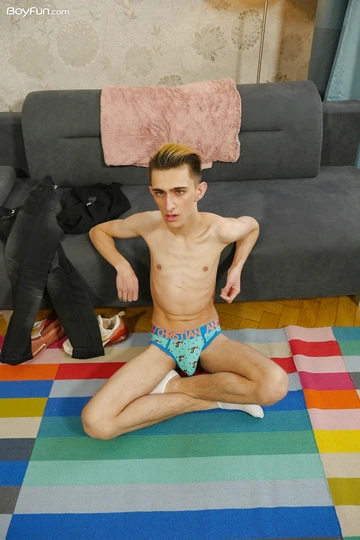 Skinny boy with a huge shaved dick