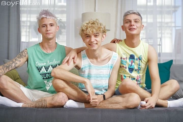 Three gay twinks having sex