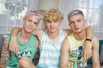Three gay twinks having sex