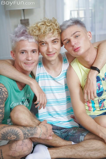 Three gay twinks having sex