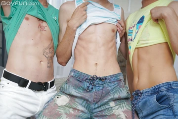 Three gay twinks having sex