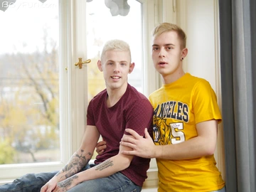 Two blonde boys bareback fucking