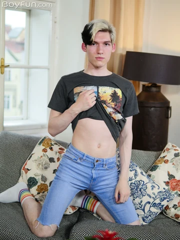 Boy showing his curved cock