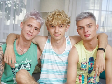 Three gay twinks having sex